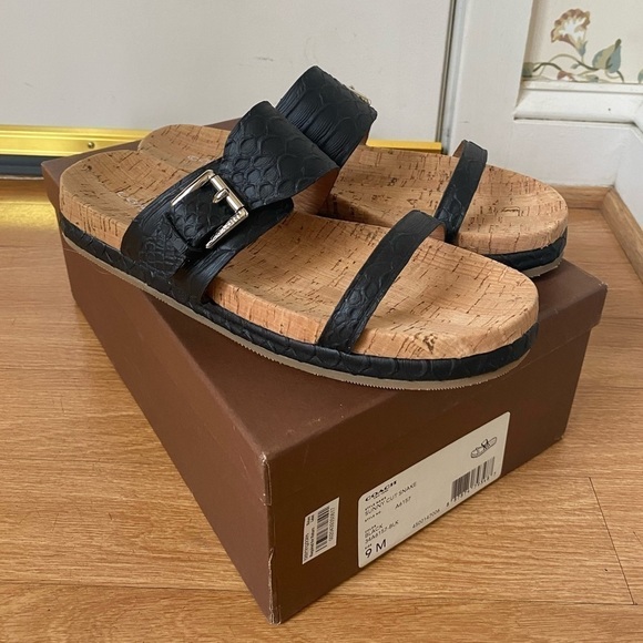 Coach New Women’s Size 9 Sunny Cut Snake Black Leather Cork Sandal Slides NIB - Picture 1 of 14